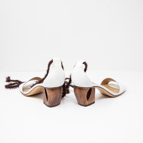 The ROW Hanna Genuine Leather Silk Chiffon Ankle Wrap Wood Block High Heels Shoe - Picture 3 of 4